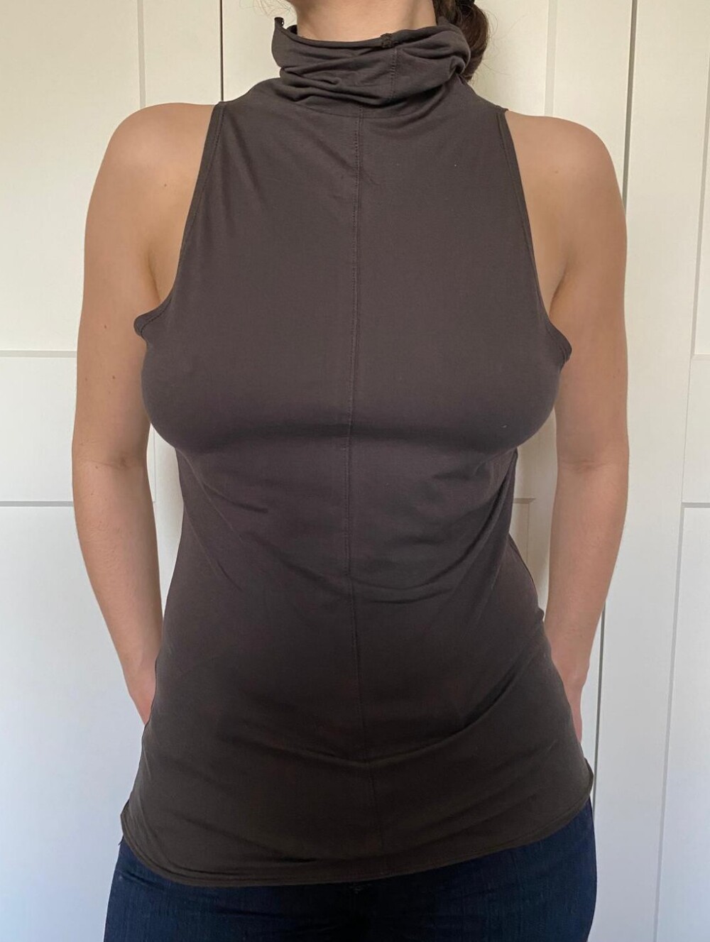 Sarah Pacini Avant Garde Sleeveless Mock Neck Tank Top in Dark Brown